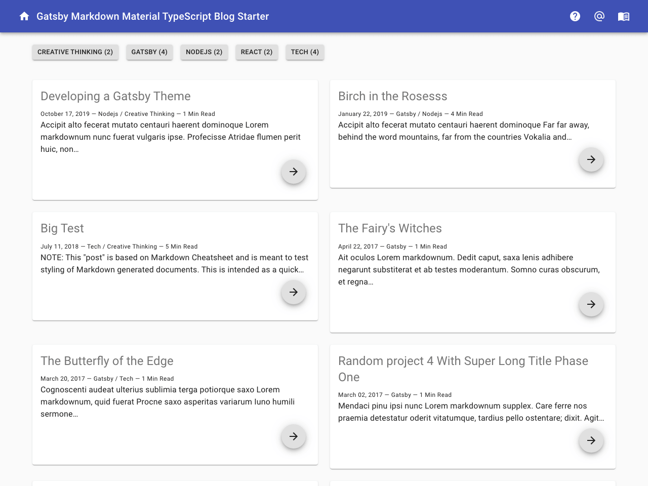 Gatsby Markdown Material TypeScript/TSX Responsive Blog Starter